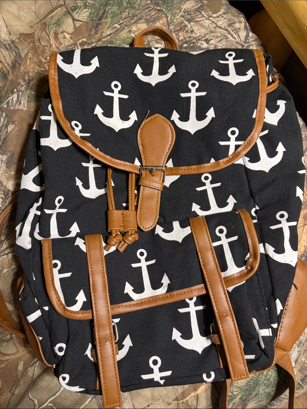 Nautical Anchor Print Canvas Backpack - Black & Brown